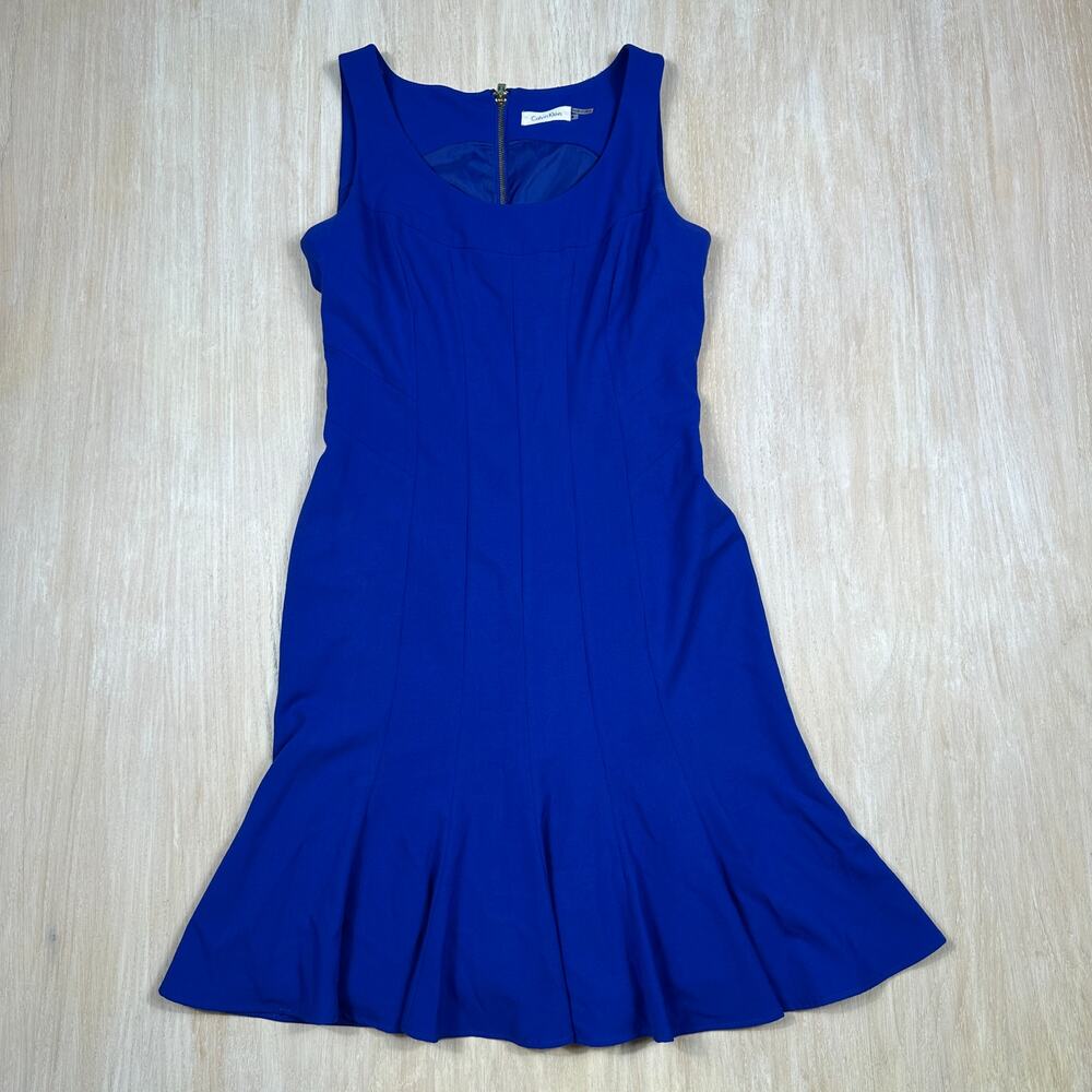 Calvin Klein Blue Sheath Dress Flounce Hem Sleeveless Work Career Office Size 4